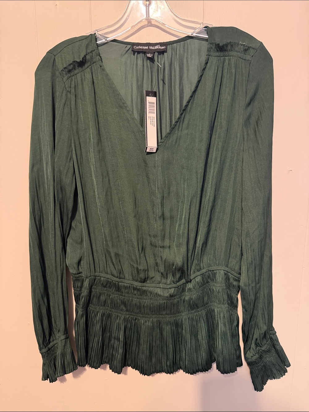 Catherine Malandrino Forest Green Long Sleeve V-Neck Peplum Dress